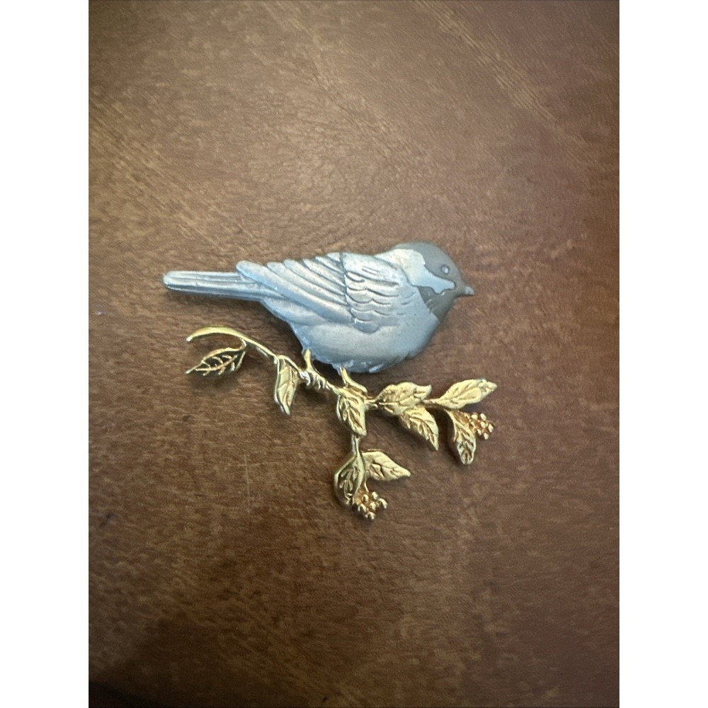 Vtg M. Shields Pewter Bird Brooch On Delicate Gold Branch Signed Collectible